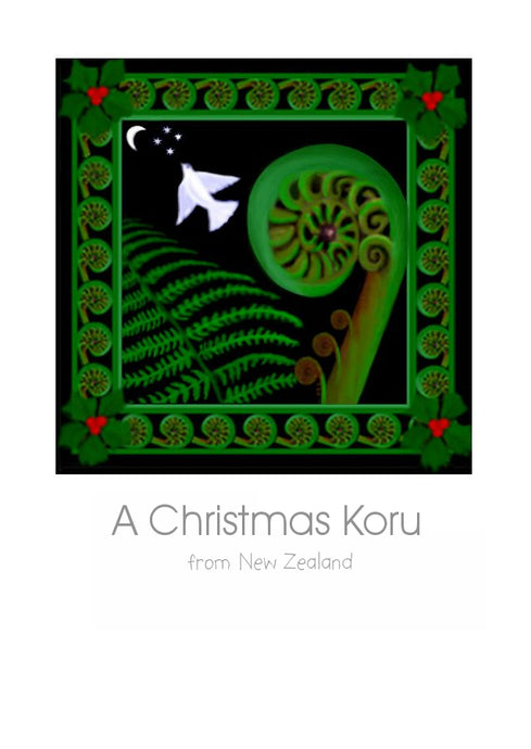 Wholesale Greeting Cards. Christmas Card from New Zealand featuring the Koru, the NZ Fern, hollies and a dove of peace by New Zealand Artist Peter Karsten