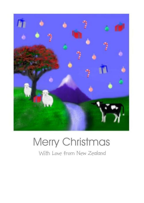 Wholesale Christmas Cards. New Zealand Christmas Scene with a friesan calf, sheep. a mountain, a waterfall and pohutukawa tree and lots of lovely presents by New Zealand Artist Peter Karsten