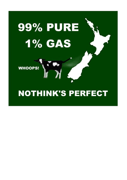 Wholesale Greeting Cards.  Map of New Zealand with friesan calf 99% Pure 1 % Gas greeting card tongue in cheek about green house gases and NZ 100% Pure by Peter Karsten