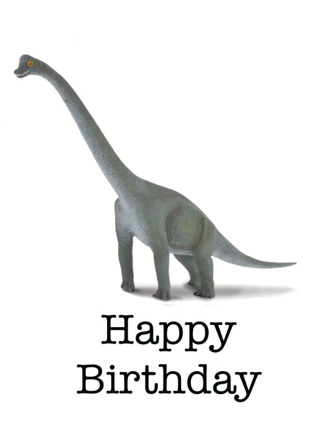 Dinosaur on a Birthday Card. Blank inside.  Text on front Happy Birthday
