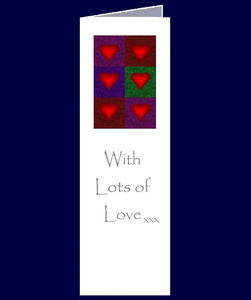 Multiple Love Hearts and kisses feature on this bookmark sized gift card.  With Lots of Love xxx  The inside of the card has been left blank for your own personal message.