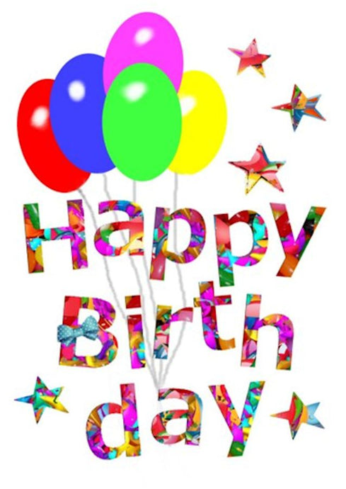 Cheerful Birthday Card with balloons and stars.  HAppy Birthday on the front.  The greeting card has been left blank for your own personal message.  Image by Peter Karsten