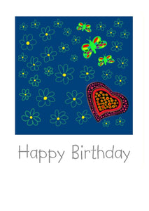 A love heart, some brightly coloured butterflies and flowers on Birthday Card