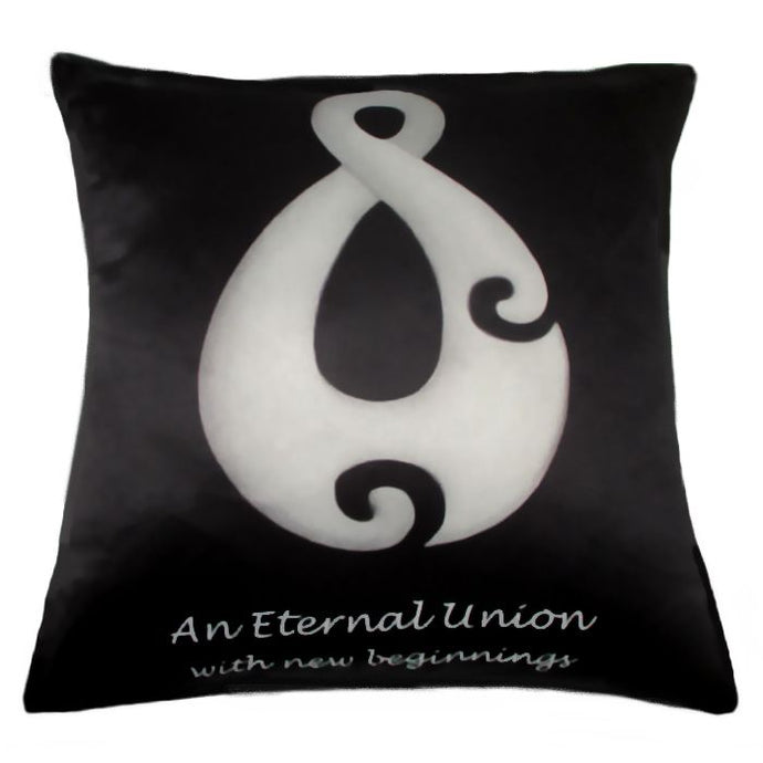 Cushion cover symbolising an Eternal Union with New Beginnings. This would be a real45cm x 45cm cushion cover.  Satin look and Feel. True kiwiana by NZ artist Peter Karsten