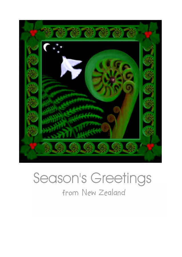 New Zealand Christmas Card with a Koru, a white dove of peace, a holly and a NZ Fern by nz artist Peter Karsten 