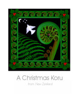 Load image into Gallery viewer, Wholesale Greeting Cards. Christmas Card from New Zealand featuring the Koru, the NZ Fern, hollies and a dove of peace by New Zealand Artist Peter Karsten