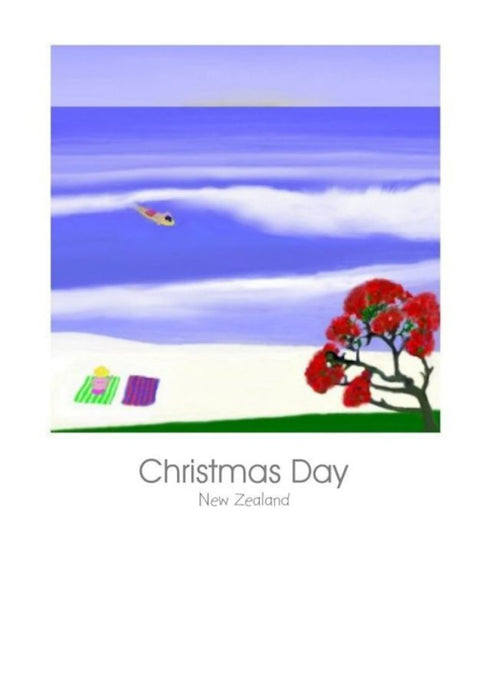 New Zealand Christmas card featuring sand, surf and a pohutukawa tree and a kiwi at the beach by New Zealand Artist Peter Karsten. Wholesale Greeting Cards.