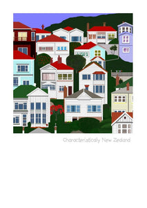 Characteristically New Zealand Art Card by Peter Karsten.  Architectural landscape of New Zealand.