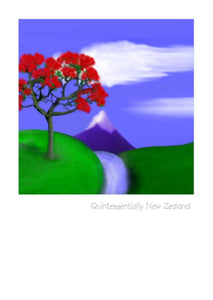 Wholesale Greeting Cards.  Artistic impression of a mountain scene with pohutukawa tree on this greeting card, note card, art card by NZ Artist Peter Karsten