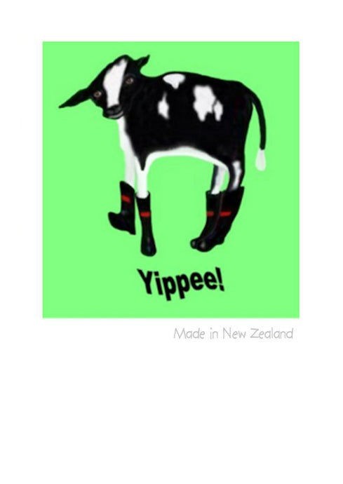 Wholesale Greeting Cards. Friesan calf in red band gumboots.  Kiwiana greeting card by NZ Artist Peter Karsten