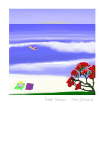 Wholesale Greeting Cards by New Zealand Artist Peter Karsten.  Peak Season.  Sun, surf and sand and of course a pohutukawa tree.