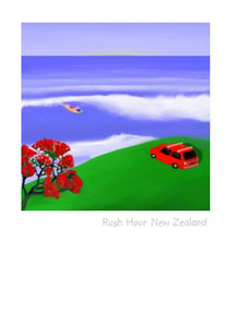 Rush Hour New Zealand.  Wholesale Greeting Cards by Peter Karsten.  A mini parked overlooking a surf scene and a pohutukawa tree.