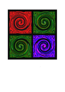 Multi Coloured Koru by New Zealand Artist Peter Karsten.  Wholesale Greeting Cards,  note cards and art cards.  This contemporary artwork of the Koru symbolises New Life, New Beginnings, Growth, Peace and Harmony.