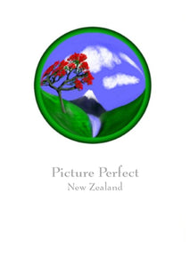 Picture Perfect by New Zealand Artist Peter Karsten.  Mountain scene with river and pohutukawa tree.  Wholesale Greeting Cards