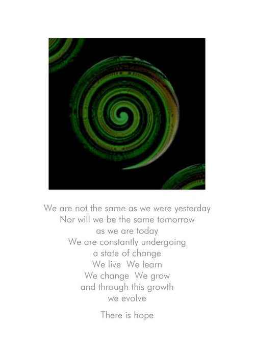 Evolution by NZ Artist and Writer Peter Karsten.  Greeting card with koru image and inspirational verse.