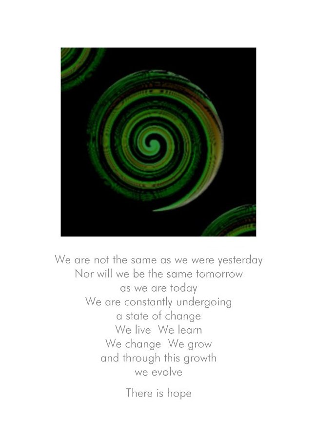 Evolution by NZ Artist and Writer Peter Karsten.  Greeting card with koru image and inspirational verse.