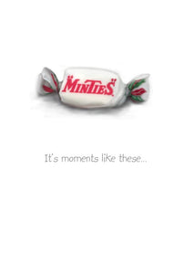 Greeting card featuring the iconic lolly "minties" by Peter Karsten.  "Trade Mark and label design used by permission."
