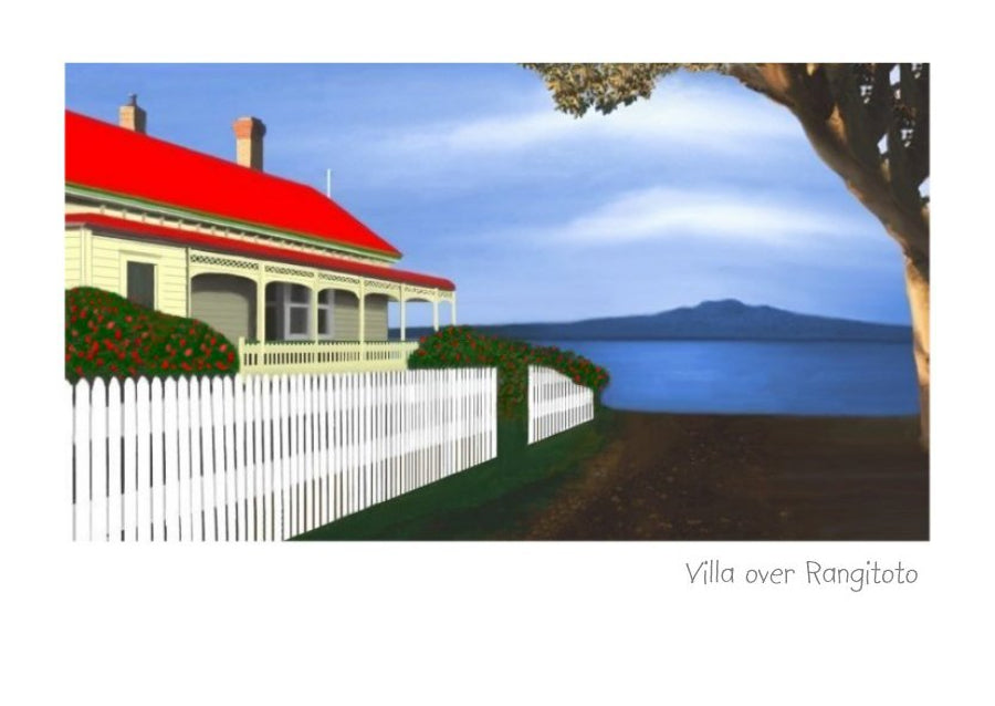 Greeting card, art card, note card of old villa overlooking Rangitoto by NZ Artist Peter Karsten.