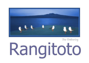 A group of Seagulls overlooking Rangitoto titled "The Gathering." by Peter Karsten.  The inside of this NZ greeting card, note card, art card, gallery card, has been left blank for your own personal message.