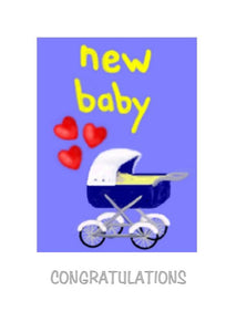 Old fashioned pram with love hearts on this New Baby greeting card by Peter 