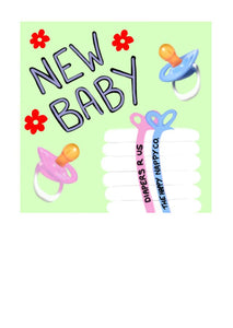 Unisex nappies and dummies so suitable for all genders on this fun New Baby Greeting Card.