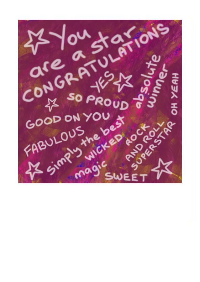 A lot of different ways to congratulate someone on this greeting card that says it all.  Kiwi slang and lots of affirmative messages.  Sweet.  The inside of this card has been left blank for your own personal message.