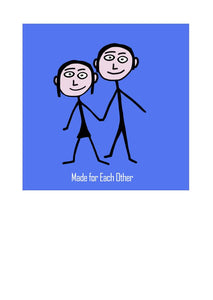 Stick guy and stick girl on a designer greeting card made for each other.  By Peter Karsten.  Blank on the inside.