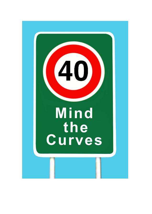 A cheeky 40th birthday card. Street sign saying 40 and Mind the Curves.