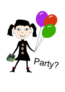 Balloons and a box of beer. Cartoon greeting card with a girl holding a box of beer and balloons. The party has already started. Designed and published in New Zealand by Peter Karsten