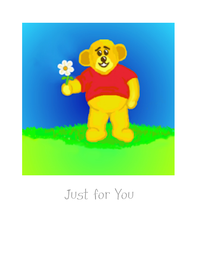 Bear holding daisy. New Zealand Greeting Card by teacher and artist Pauline Schmidt.  Deightful image of bear offering a Daisy just for you.