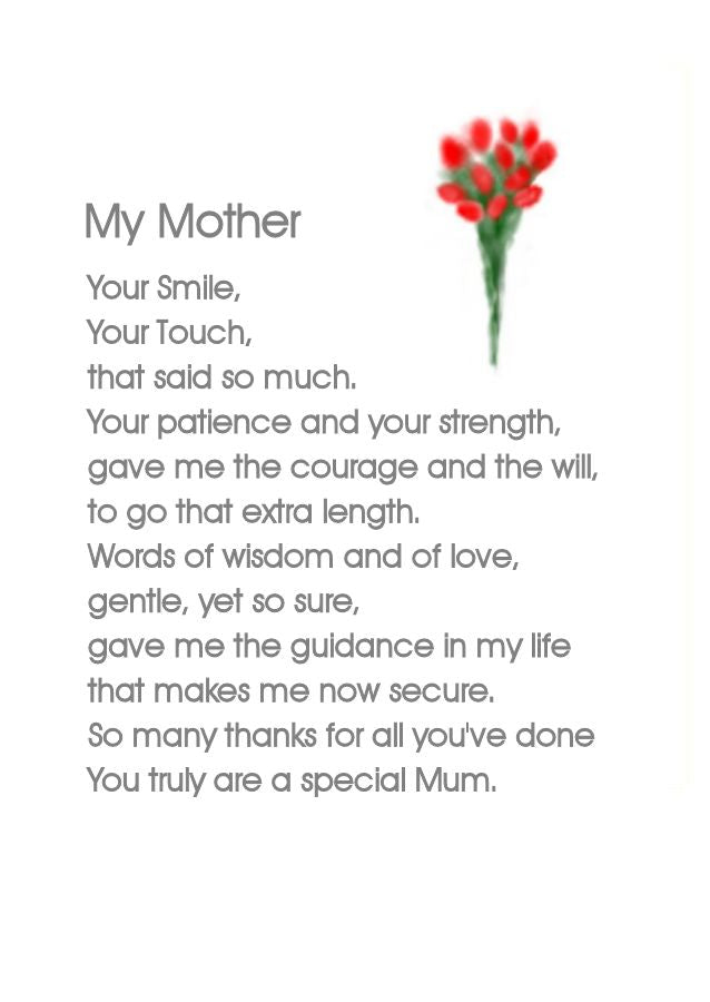 Mother's Day Card - A poem about My Mother - Greeting Card for any time of the year by Lana Karsten.  Blank on the inside.