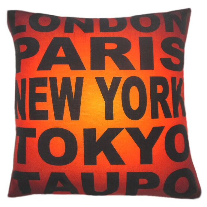 A souvenir of Lake Taupo New Zealand.  Cushion cover with London Paris New York Tokyo Taupo.